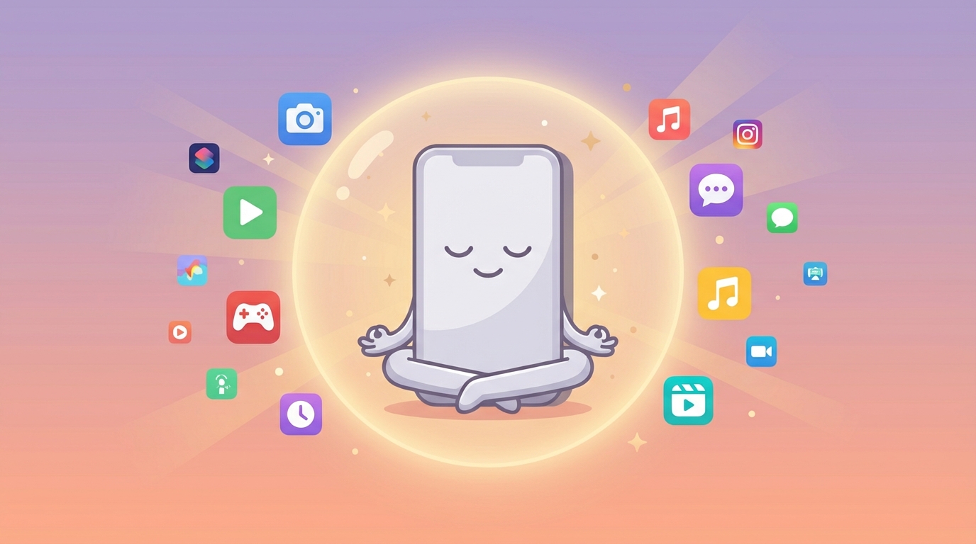 A meditating phone surrounded by app icons, staying calm and centered
